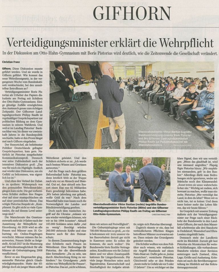 Pistorius Wolbsburger Nachrichten 2025 09 06